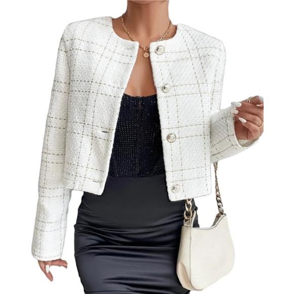 Womens Cropped Tweed Plaid Blazer Jacket Open Front Collarless - Picture 1 of 7